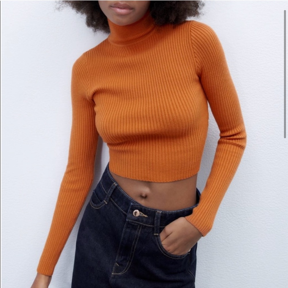 Zara mock neck crop sweater open back with ties burnt orange Medium NWT